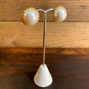 Vintage 1928 Glass Pearl Post Earrings Wrapped in a Gold Colored Rope